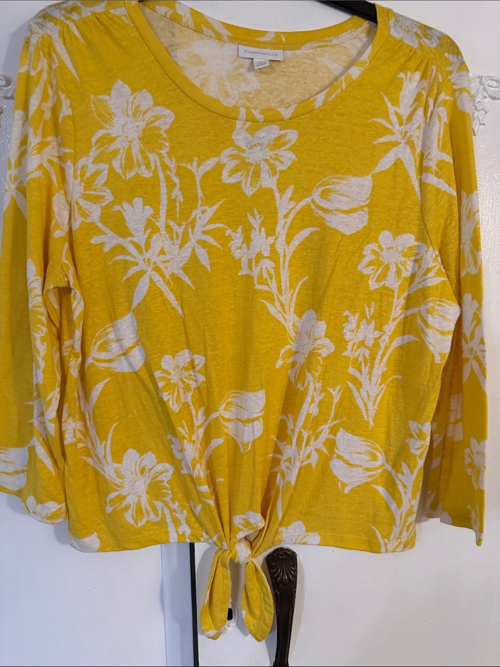Charter Club Yellow and White Floral Tie-Front Top